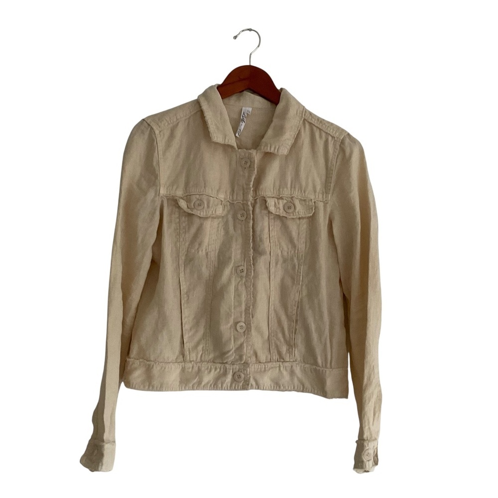Lulu B Linen Raw Edge Trucker Jacket XS Light Yellow Coastal Lagenlook Resort